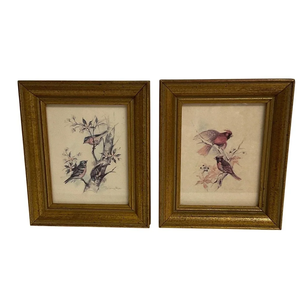 Vintage Paul Whitney Hunter Framed Bird Prints Set of 2 Cardinals Songbirds Gold
